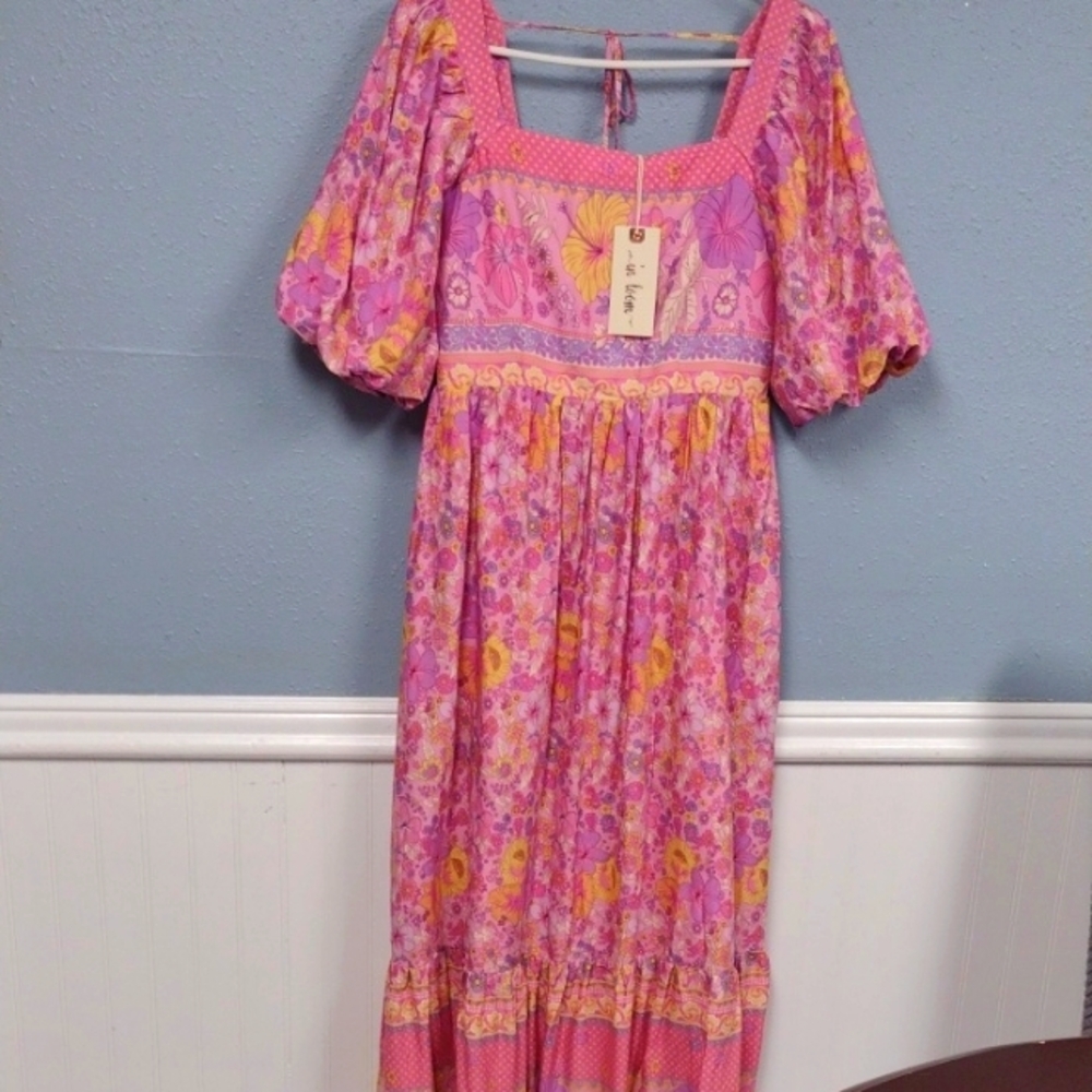 NEWIn Bloom Pink and Yellow Maxi Sundress with Puff Sleeves and Square Neckline,